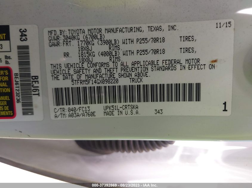 2016 TOYOTA TUNDRA 2WD TRUCK SR/SR5 - 5TFRM5F14GX098220