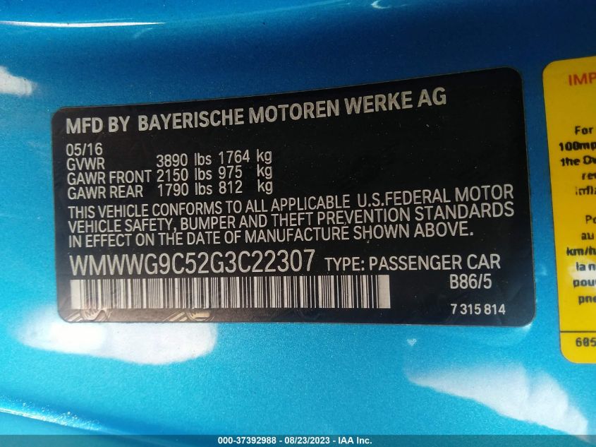 2016 MINI COOPER CONVERTIBLE S WMWWG9C52G3C22307