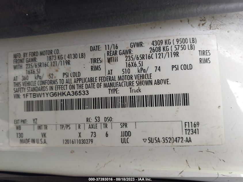 2017 FORD TRANSIT VAN - 1FTBW1YG6HKA36533
