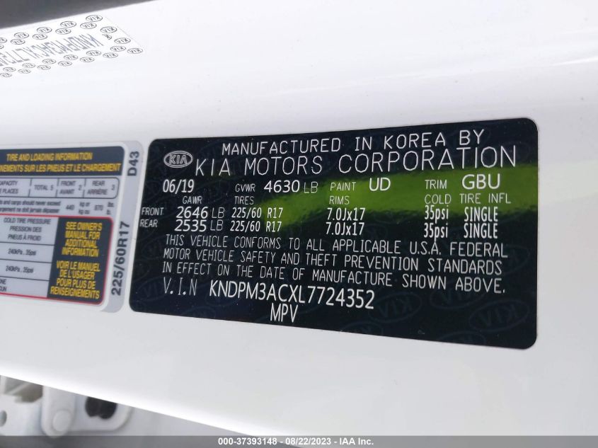 VIN KNDPM3ACXL7724352 2020 KIA SPORTAGE LX