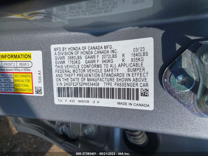 2HGFE2F52PH534408 Honda Civic Sedan SPORT 9