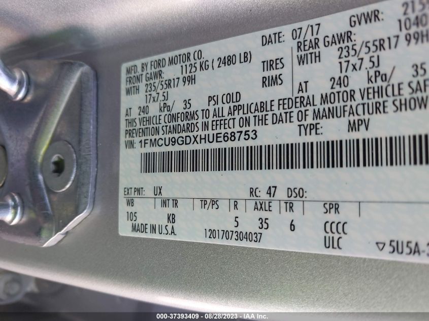 2017 FORD ESCAPE SE - 1FMCU9GDXHUE68753