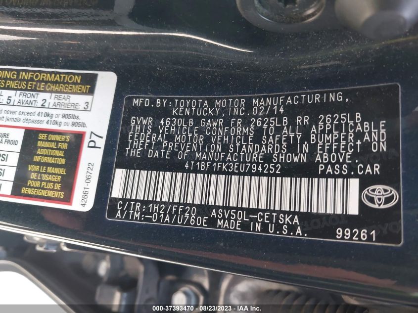 2014 TOYOTA CAMRY L/LE/XLE/SE/SE SPORT - 4T1BF1FK3EU794252