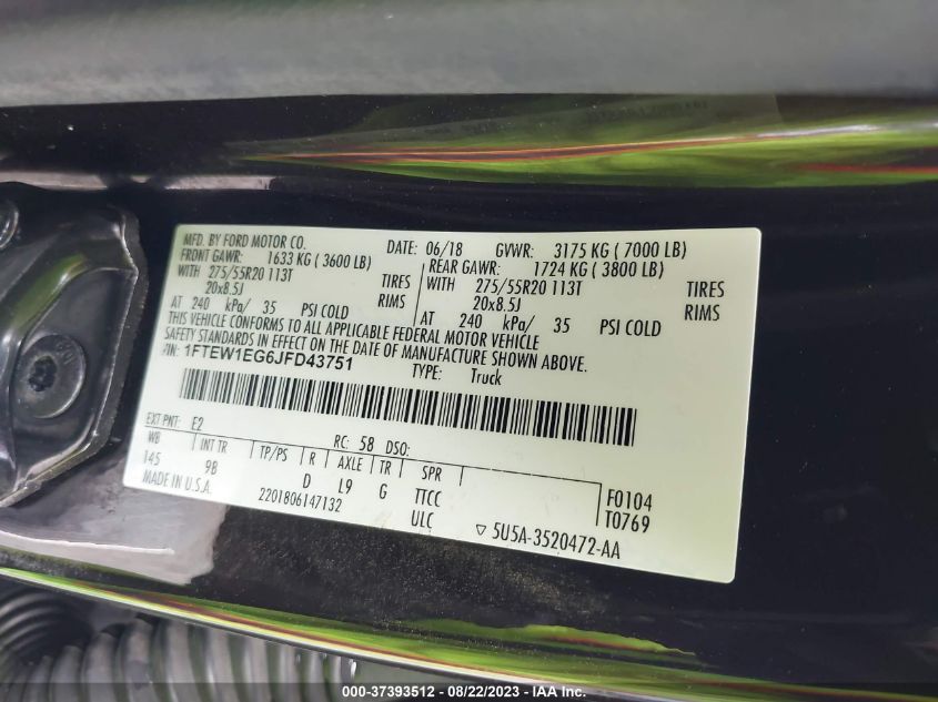 2018 FORD F-150 XL/XLT/LARIAT - 1FTEW1EG6JFD43751
