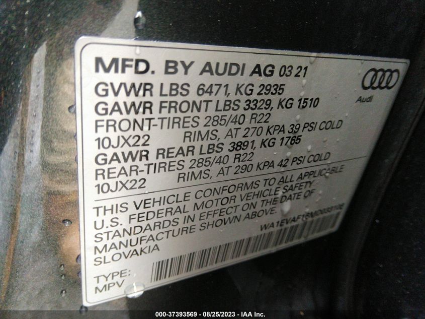 2021 AUDI Q8 PREMIUM PLUS WA1EVAF16MD033106