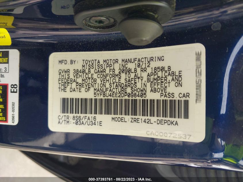 2013 TOYOTA COROLLA L/LE/S - 5YFBU4EE2DP098405