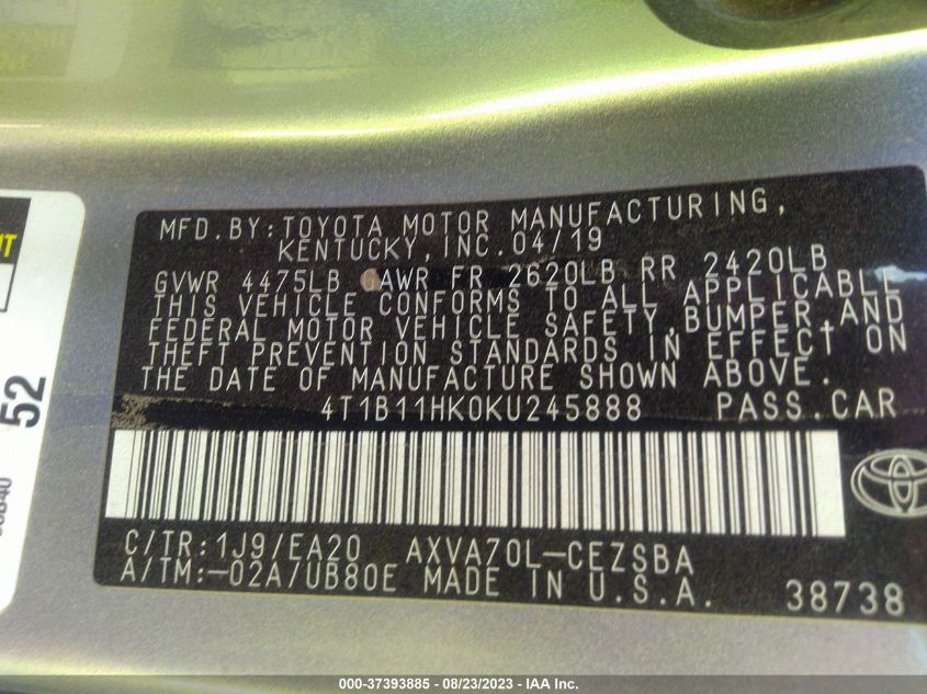 2019 TOYOTA CAMRY LE/SE/XLE/L - 4T1B11HK0KU245888