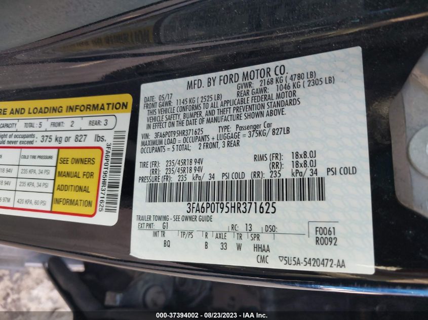 2017 FORD FUSION SE - 3FA6P0T95HR371625