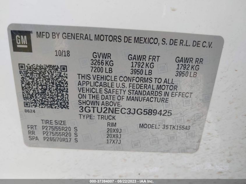 2018 GMC SIERRA 1500 SLT - 3GTU2NEC3JG589425