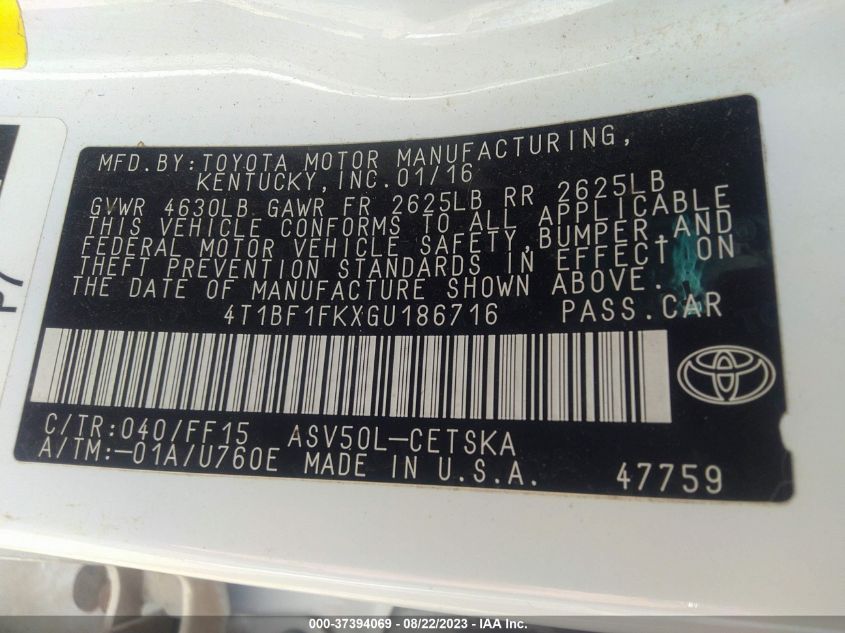 2016 TOYOTA CAMRY XLE/SE/LE/XSE - 4T1BF1FKXGU186716