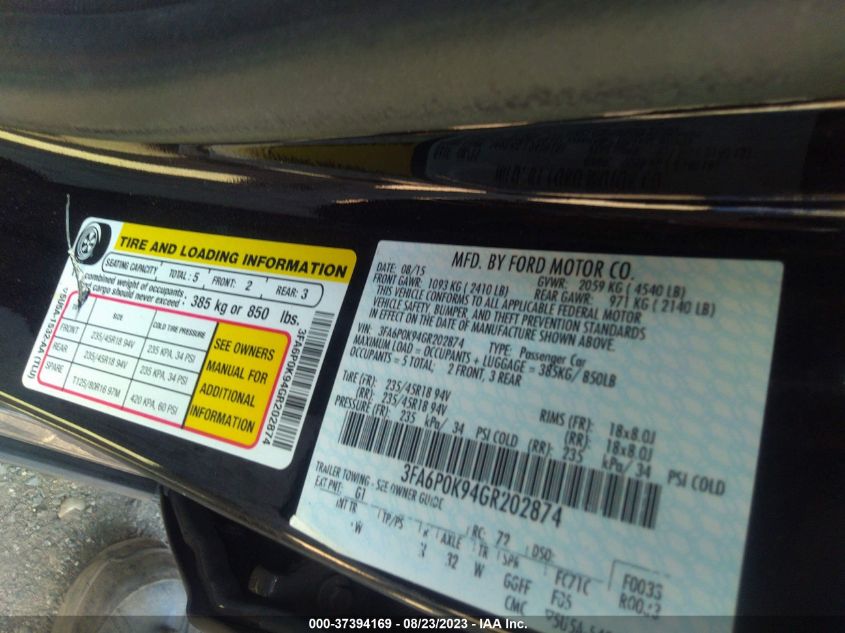 2016 FORD FUSION TITANIUM - 3FA6P0K94GR202874