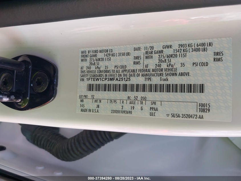 VIN 1FTEW1CP3MFA25125 2021 FORD F-150 XL/XLT/LARIAT