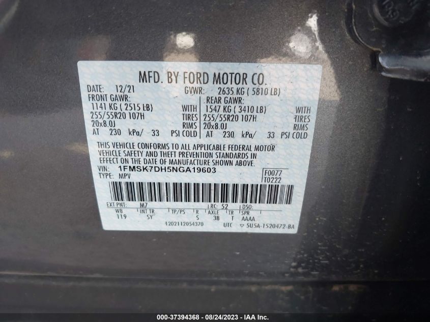 2022 FORD EXPLORER XLT - 1FMSK7DH5NGA19603