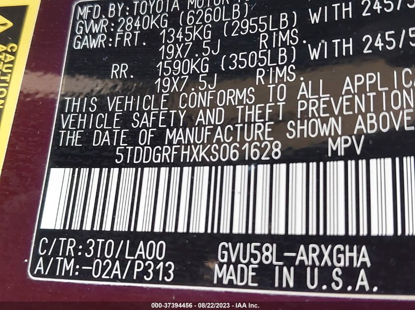 2019 TOYOTA HIGHLANDER HYBRID LIMITED - 5TDDGRFHXKS061628