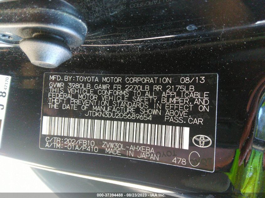 2013 TOYOTA PRIUS ONE/TWO/THREE/FOUR/FIVE - JTDKN3DU2D5689654