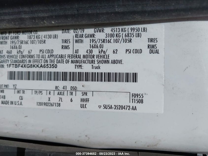 2019 FORD TRANSIT VAN - 1FTBF4XG8KKA65350