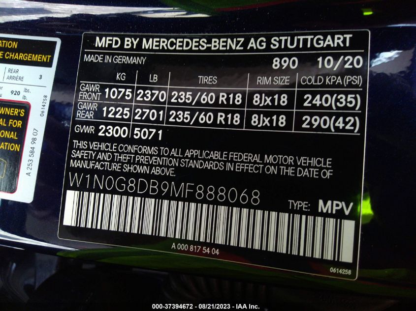 2021 MERCEDES-BENZ GLC GLC 300 - W1N0G8DB9MF888068