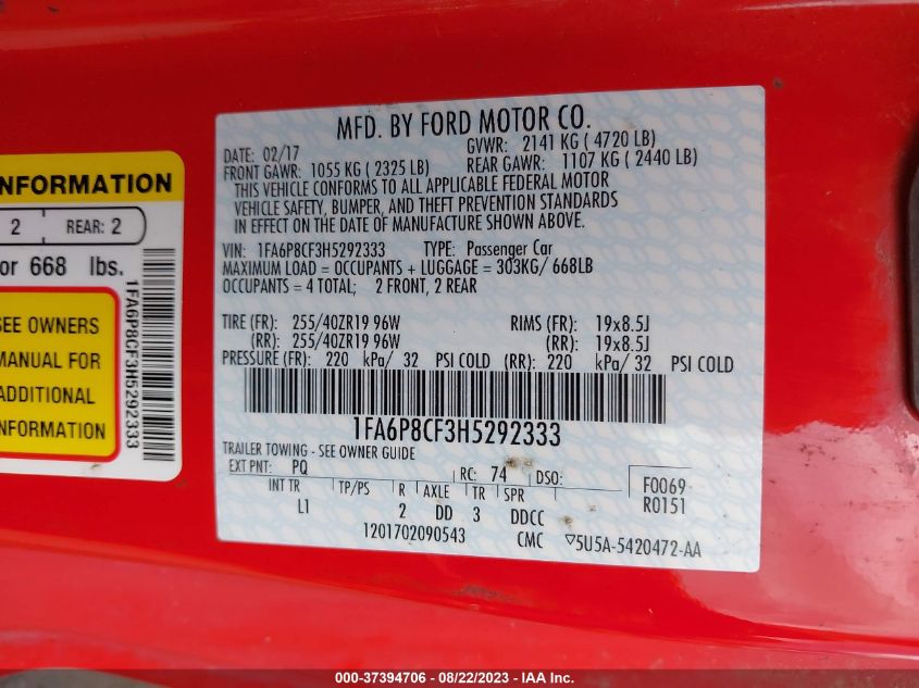 2017 FORD MUSTANG GT - 1FA6P8CF3H5292333
