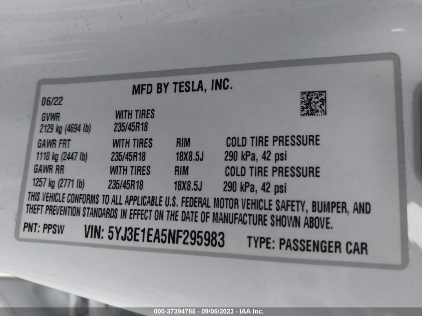 2022 TESLA MODEL 3 - 5YJ3E1EA5NF295983