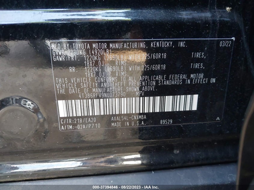 VIN 4T3B6RFV9NU073790 2022 TOYOTA RAV4 HYBRID XLE PREMIUM