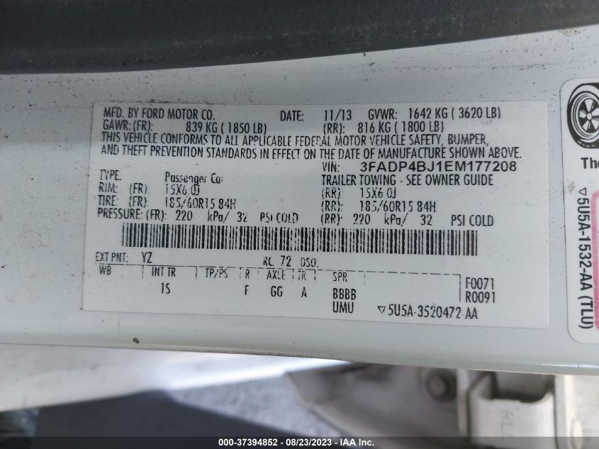 2014 FORD FIESTA SE - 3FADP4BJ1EM177208