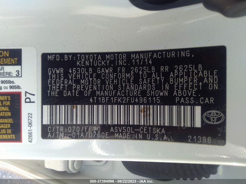 2015 TOYOTA CAMRY XLE/SE/LE/XSE - 4T1BF1FK2FU496115