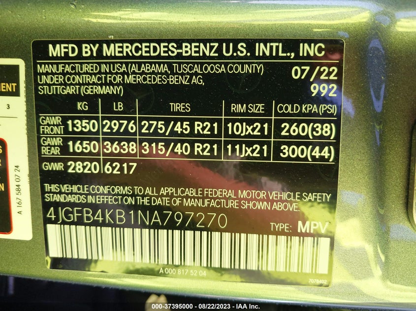 VIN 4JGFB4KB1NA797270 2022 MERCEDES-BENZ GLE GLE 350