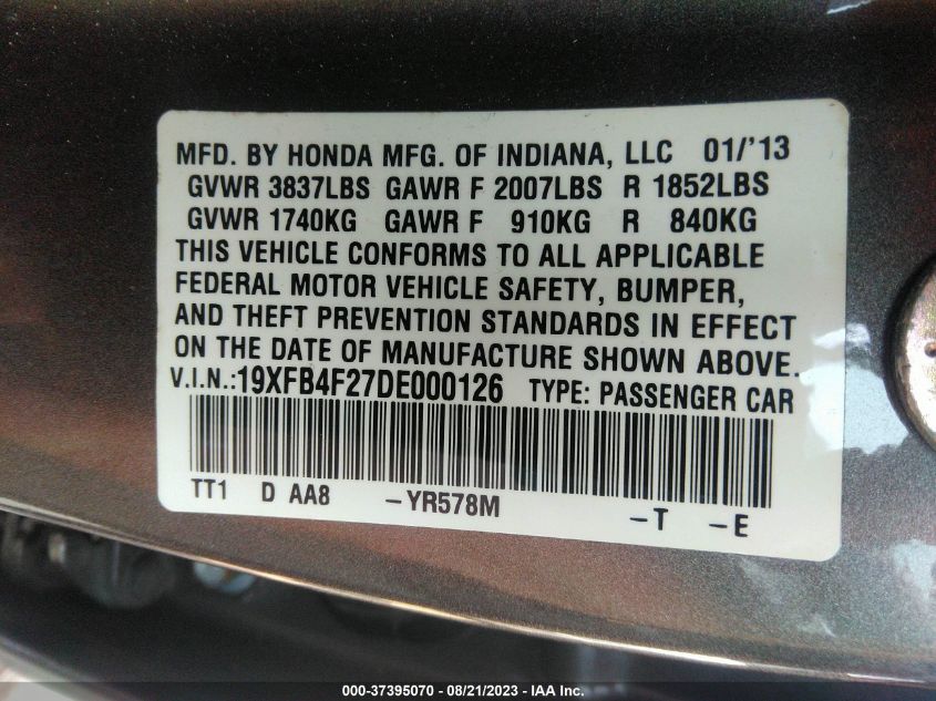 2013 HONDA CIVIC HYBRID - 19XFB4F27DE000126