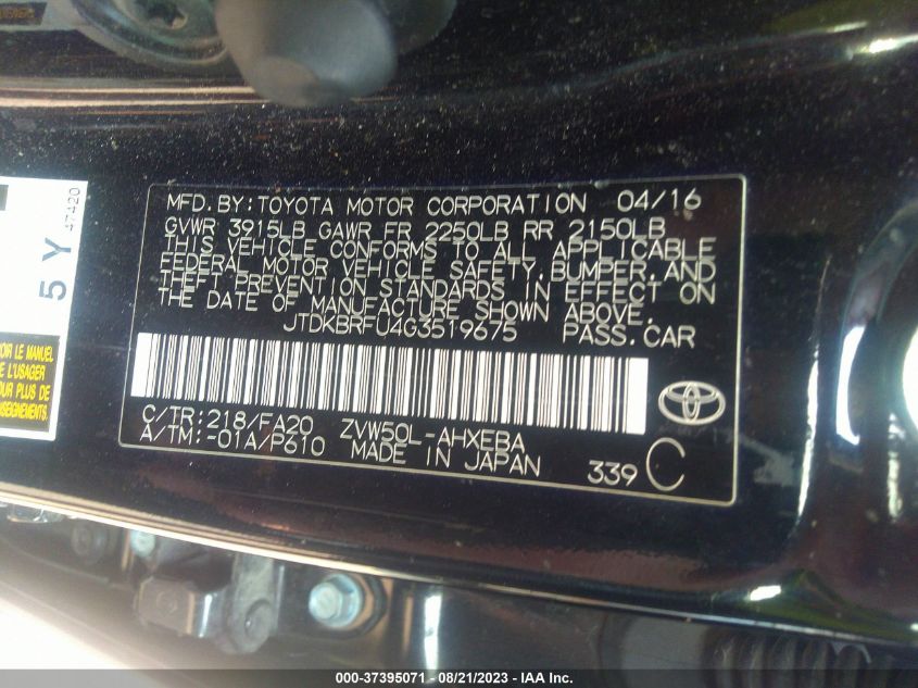 2016 TOYOTA PRIUS TWO - JTDKBRFU4G3519675