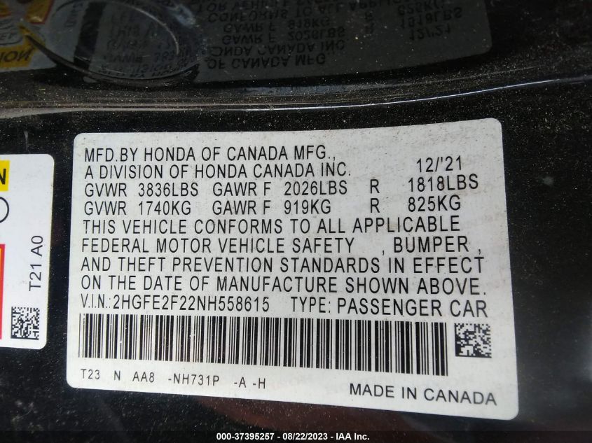2022 HONDA CIVIC SEDAN LX - 2HGFE2F22NH558615