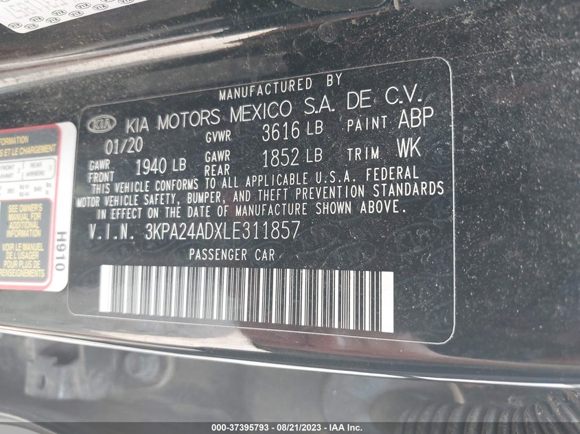 VIN 3KPA24ADXLE311857 2020 KIA RIO S