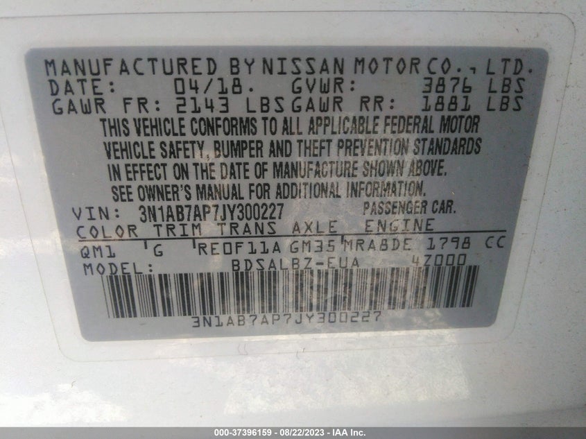 VIN 3N1AB7AP7JY300227 2018 NISSAN SENTRA S