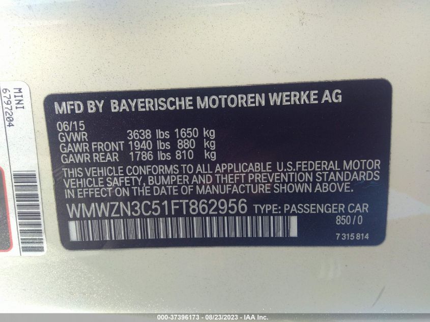 2015 MINI COOPER CONVERTIBLE WMWZN3C51FT862956