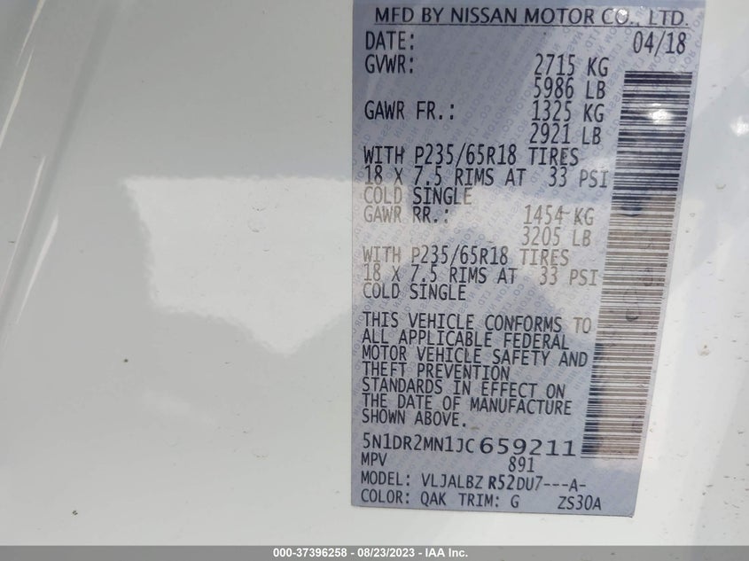 VIN 5N1DR2MN1JC659211 2018 NISSAN PATHFINDER S