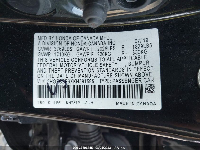 2019 HONDA CIVIC LX - 2HGFC2F6XKH581595