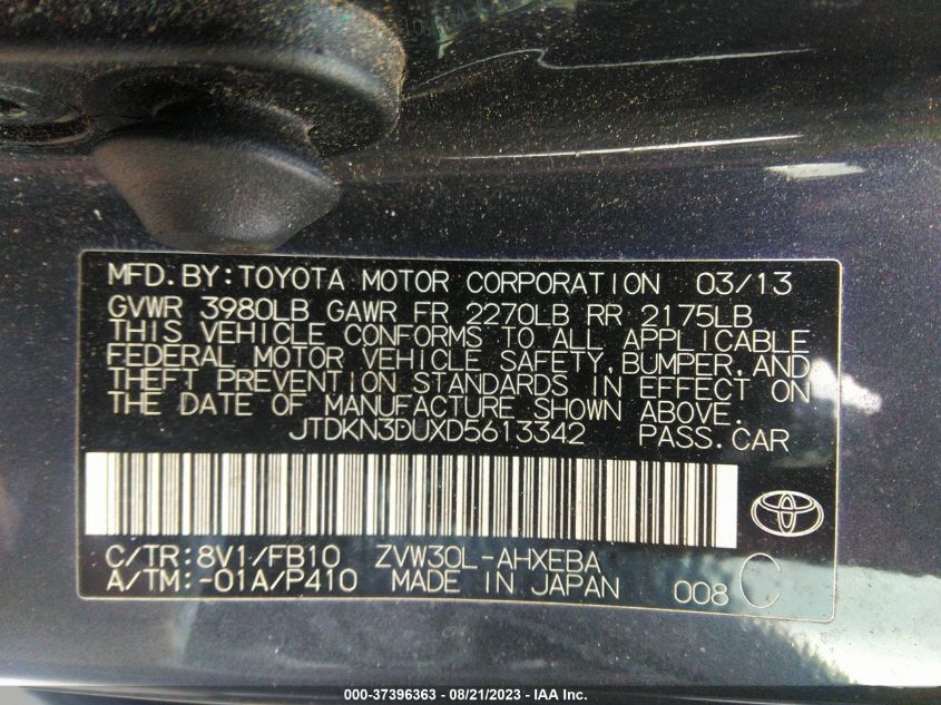 2013 TOYOTA PRIUS ONE/TWO/THREE/FOUR/FIVE - JTDKN3DUXD5613342