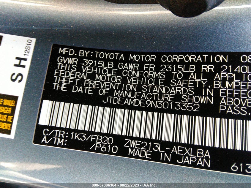 VIN JTDEAMDE9N3013352 2022 TOYOTA COROLLA HYBRID LE