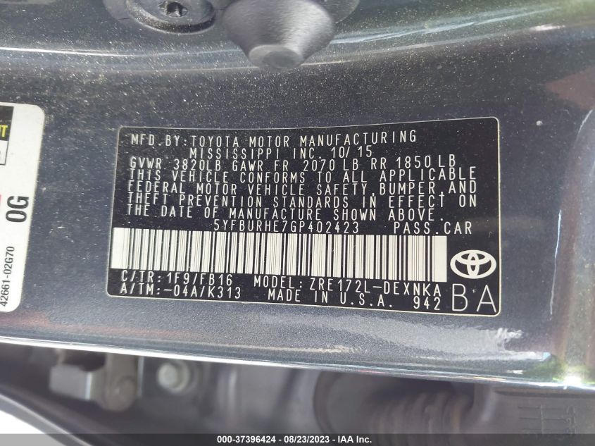 2016 TOYOTA COROLLA L/LE/S/S PLUS/LE PLUS - 5YFBURHE7GP402423