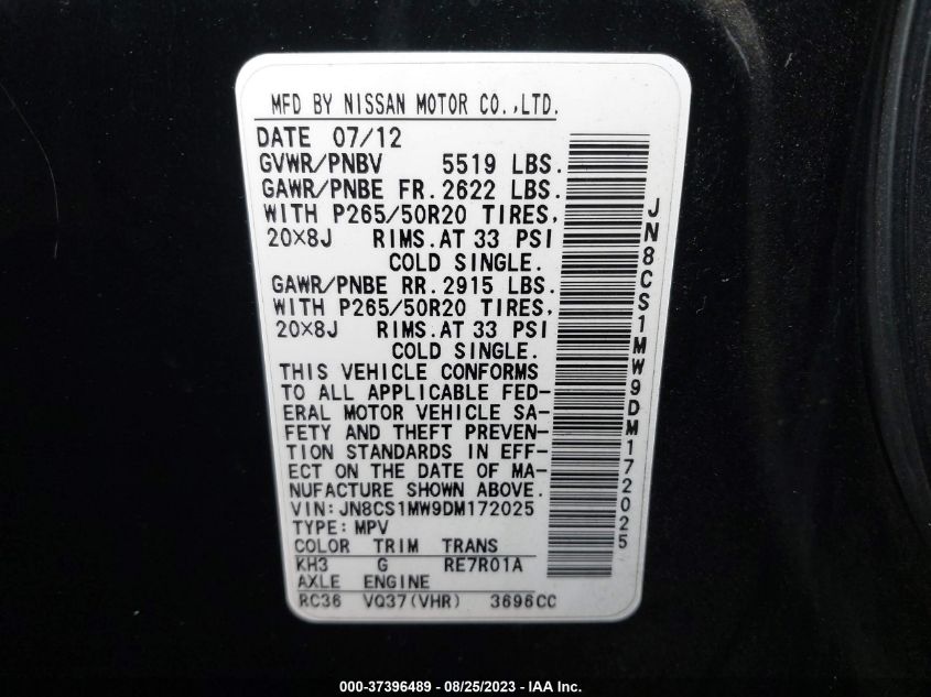 2013 INFINITI FX37 - JN8CS1MW9DM172025