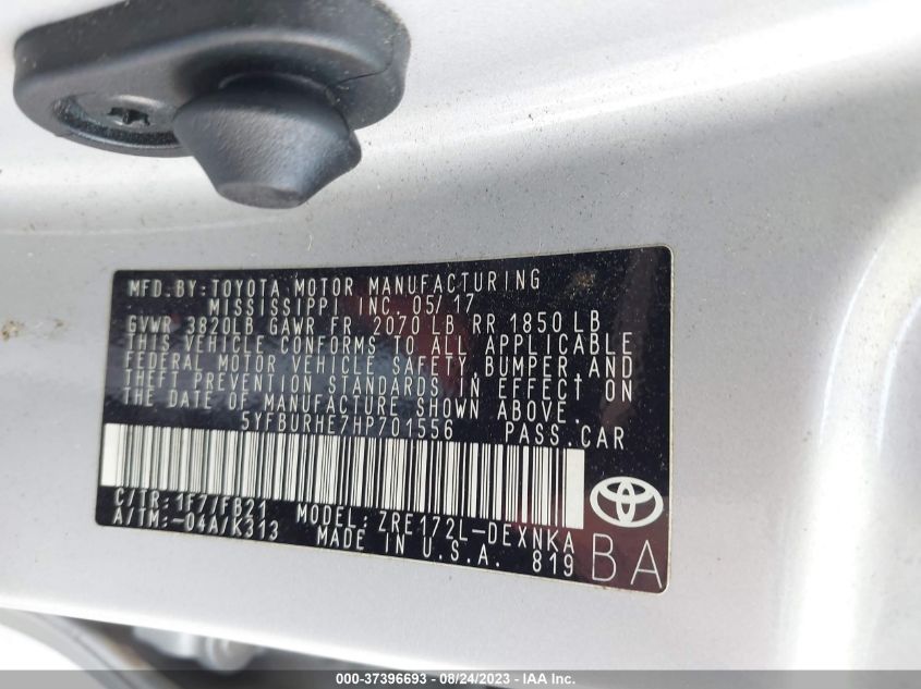 2017 TOYOTA COROLLA L/LE/XLE/SE - 5YFBURHE7HP701556