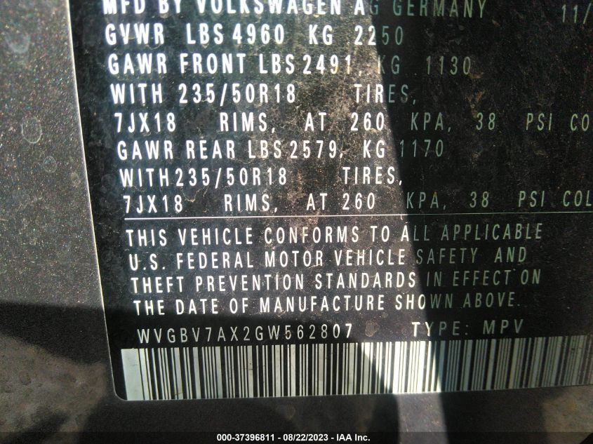 2016 VOLKSWAGEN TIGUAN SEL/S/SE/R-LINE - WVGBV7AX2GW562807