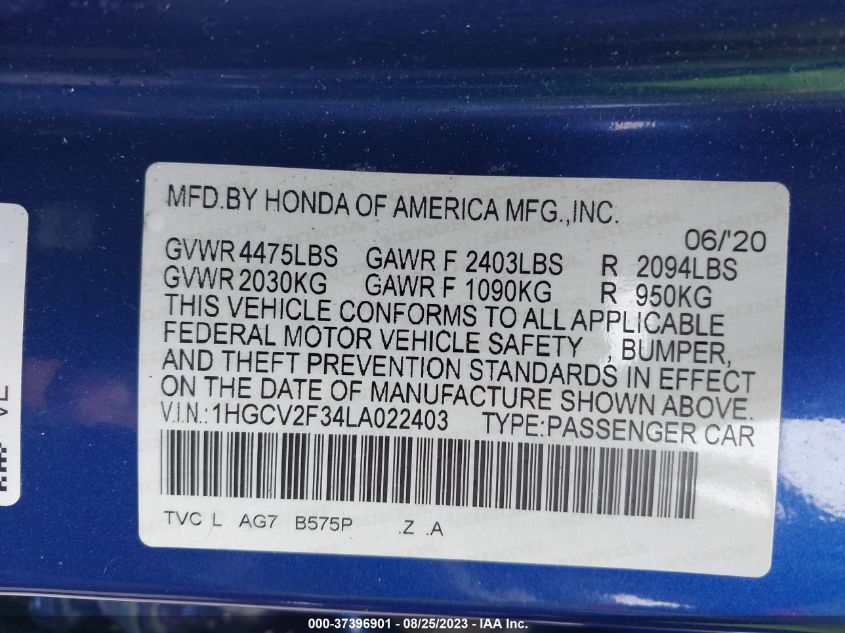 2020 HONDA ACCORD SEDAN SPORT - 1HGCV2F34LA022403