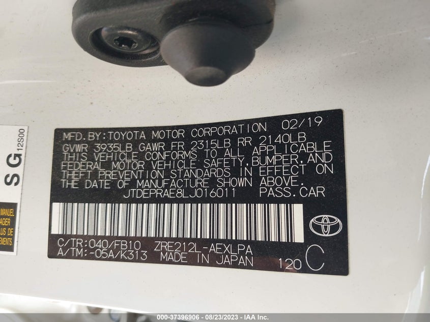 VIN JTDEPRAE8LJ016011 2020 TOYOTA COROLLA LE