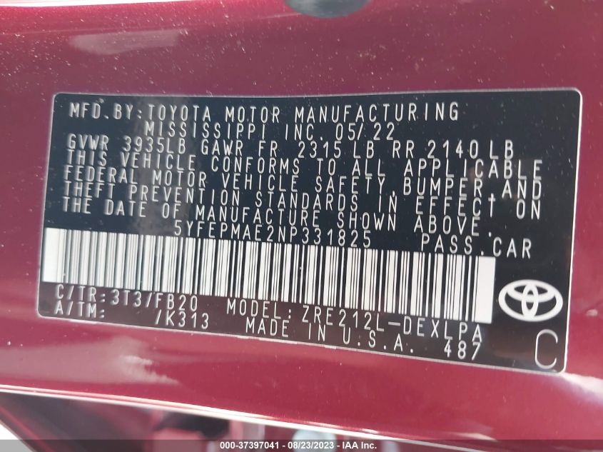 VIN 5YFEPMAE2NP331825 2022 TOYOTA COROLLA LE