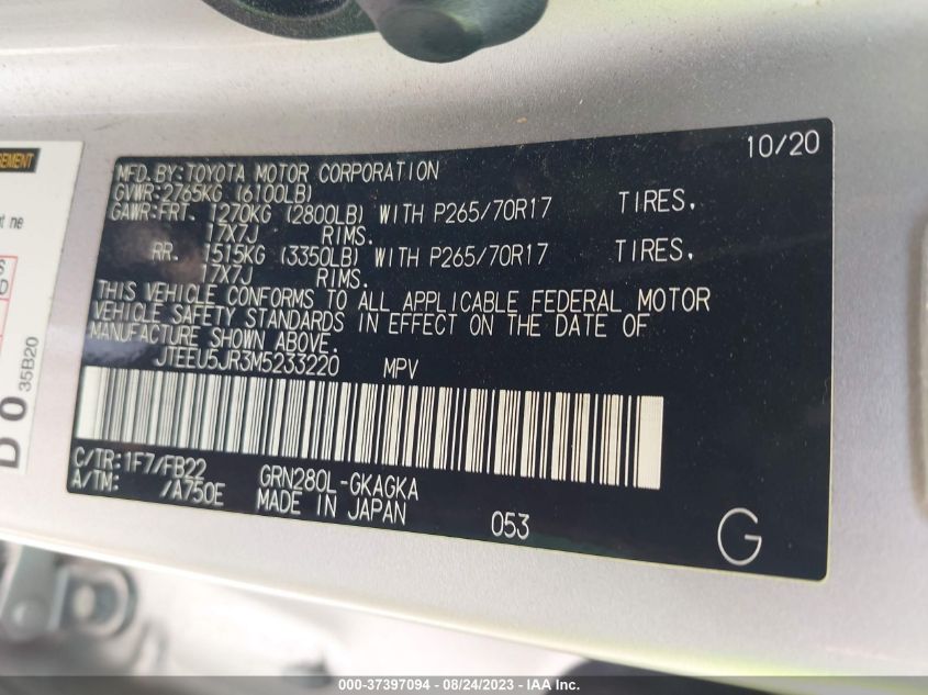 2021 TOYOTA 4RUNNER SR5 - JTEEU5JR3M5233220