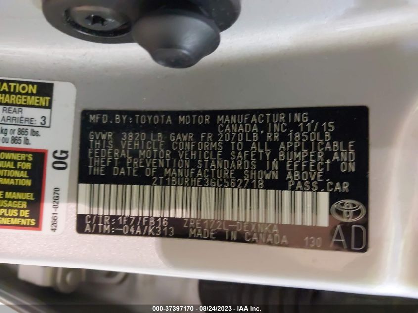 2016 TOYOTA COROLLA L/LE/S/S PLUS/LE PLUS - 2T1BURHE3GC562718