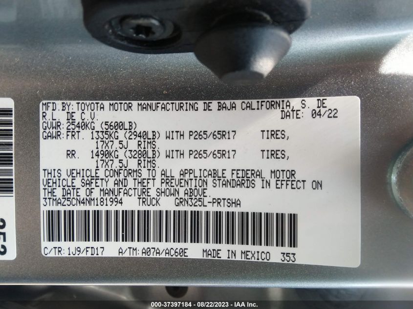 2022 TOYOTA TACOMA 2WD TRD SPORT - 3TMAZ5CN4NM181994