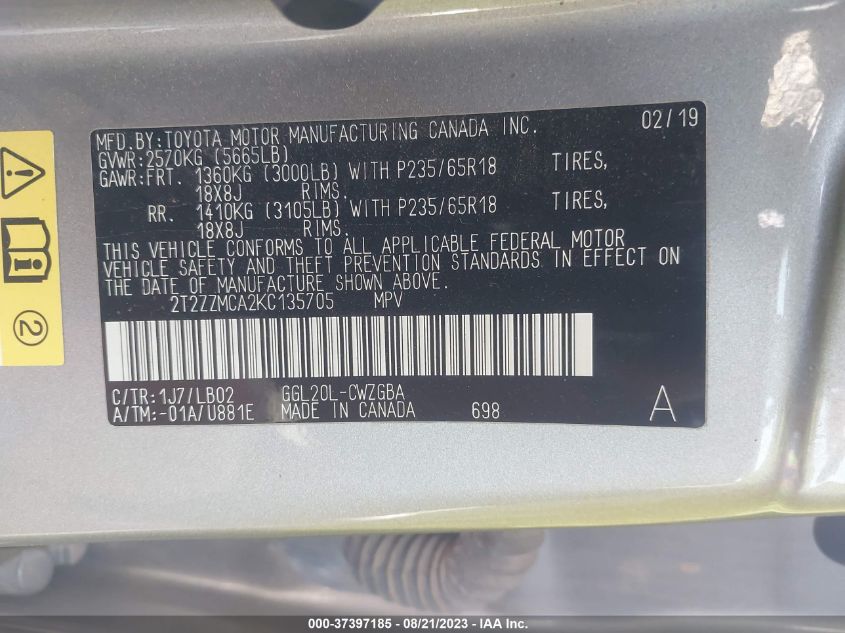 2019 LEXUS RX RX 350 - 2T2ZZMCA2KC135705