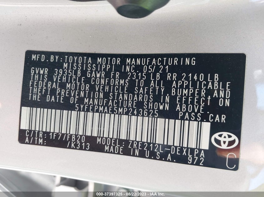 VIN 5YFEPMAE5MP243625 2021 TOYOTA COROLLA LE