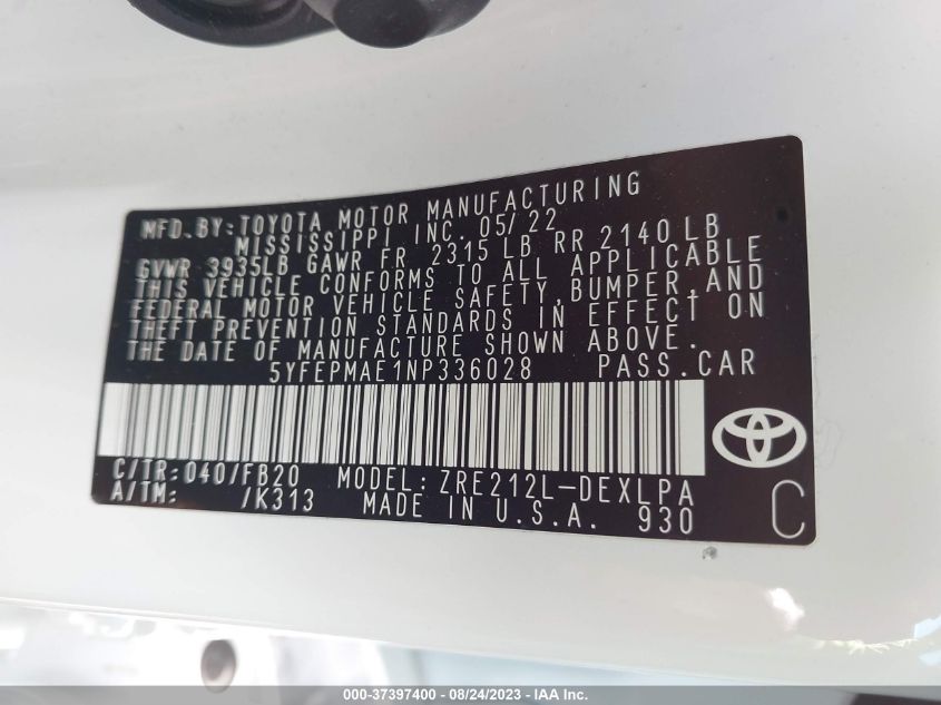 2022 TOYOTA COROLLA LE - 5YFEPMAE1NP336028